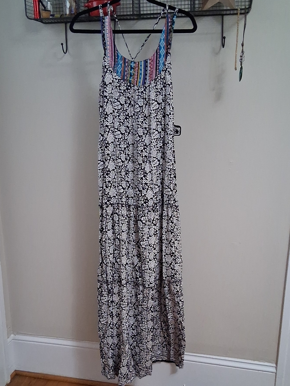 Angie Black and White Floral Maxi with Colorful Striped Yoke